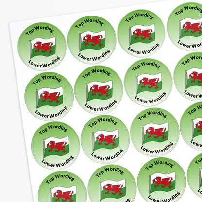 Sheet of green stickers with Welsh flag design and text