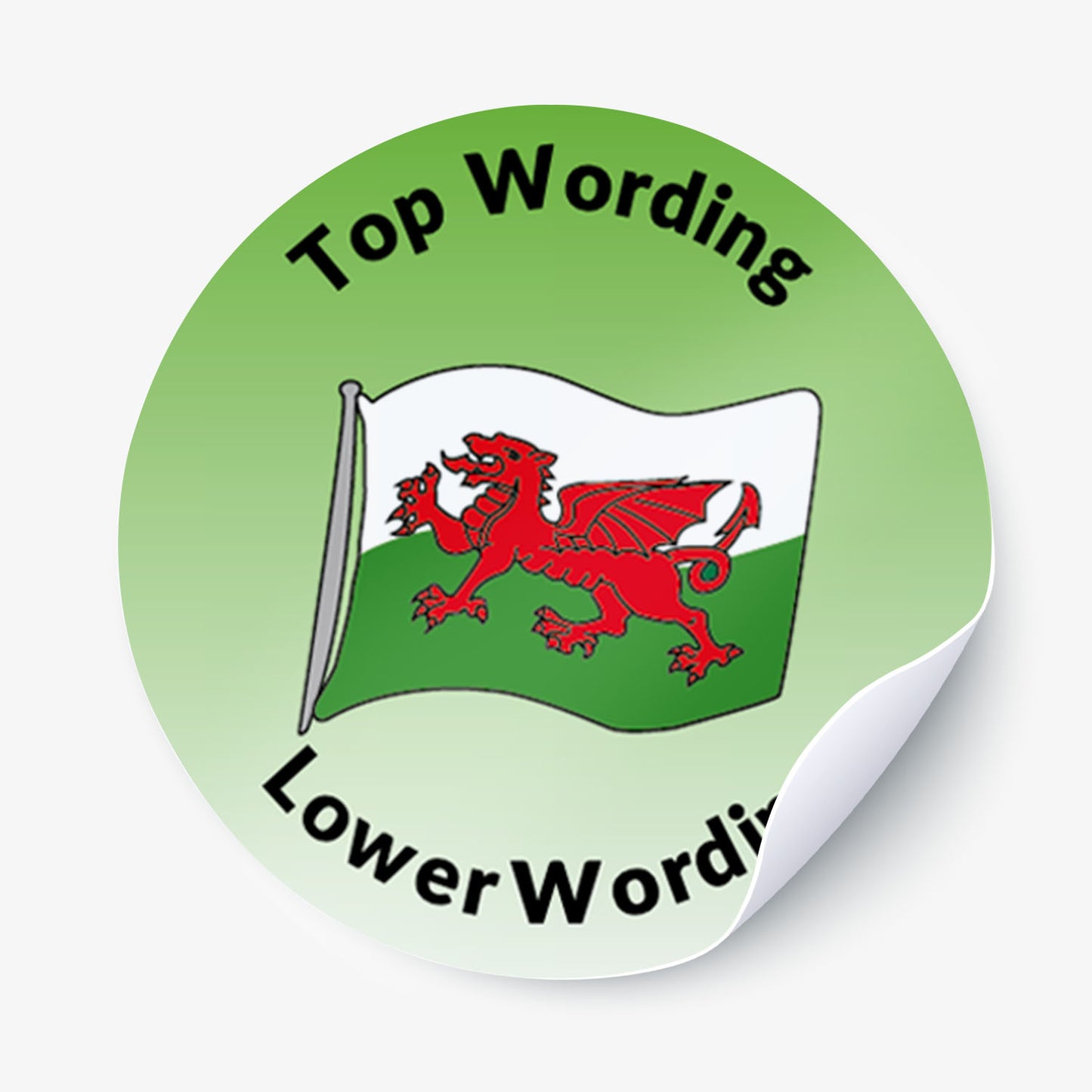 Round green sticker with a red and white flag featuring a dragon, on a light gray background.