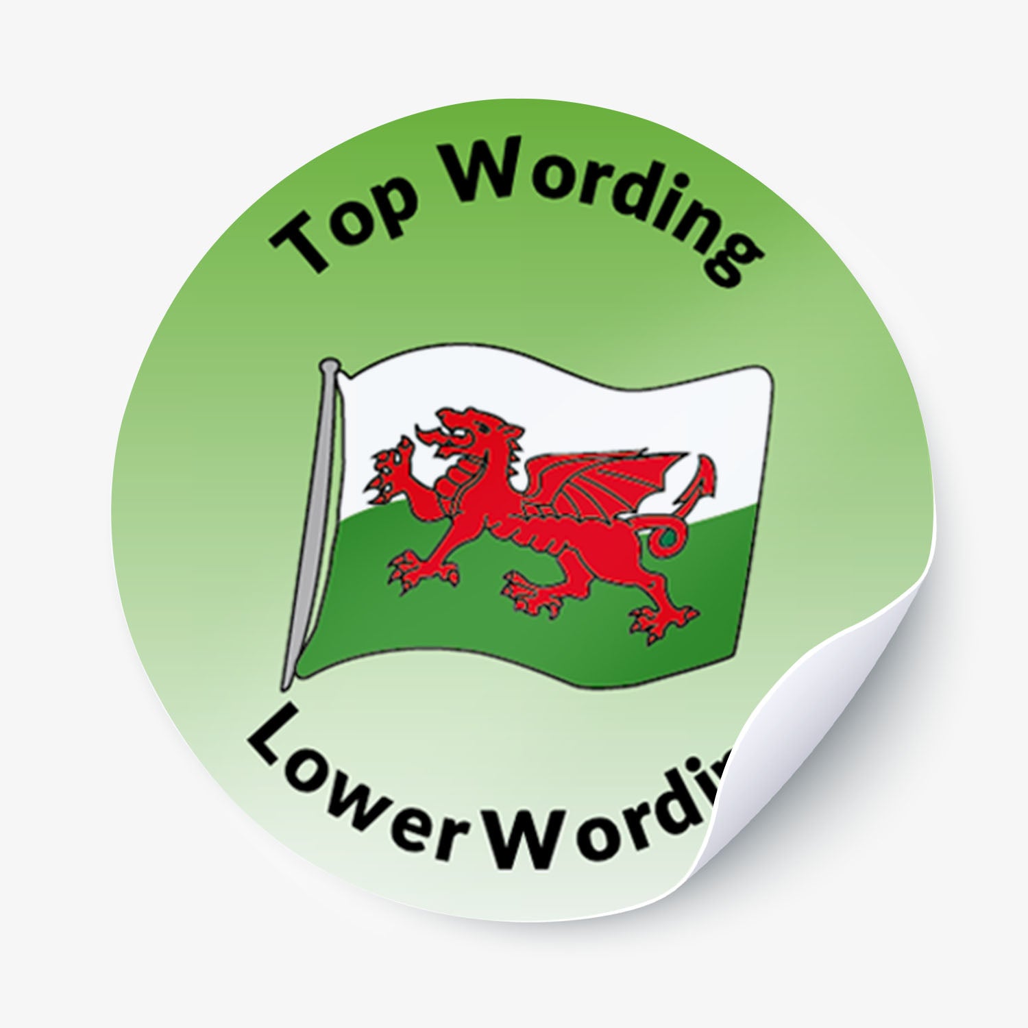 Round green sticker with a red and white flag featuring a dragon, on a light gray background.