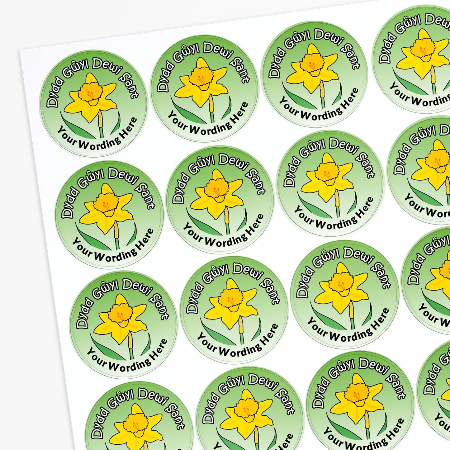Circular stickers with yellow flowers and green borders on a white background