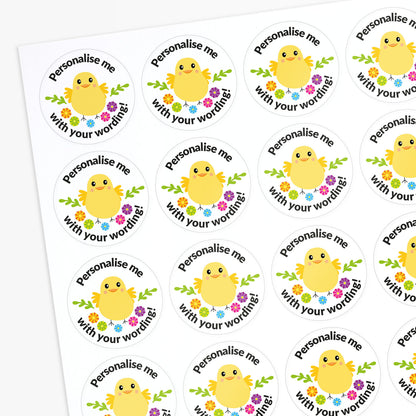 Stickers with a chick design and text 'Personalise me with your wording!' on a white background.