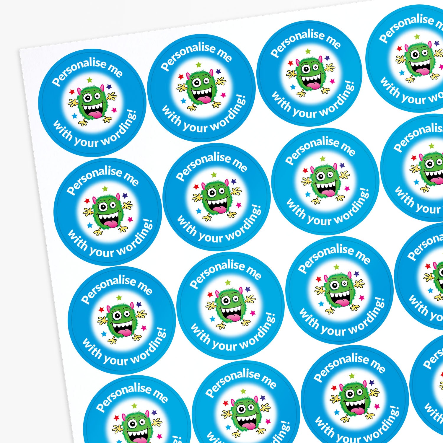 Sheet of personaliSed stickers with colorful monster designs and text.