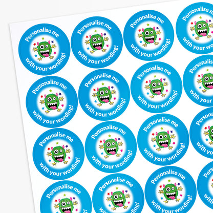 Sheet of personaliSed stickers with colorful monster designs and text.