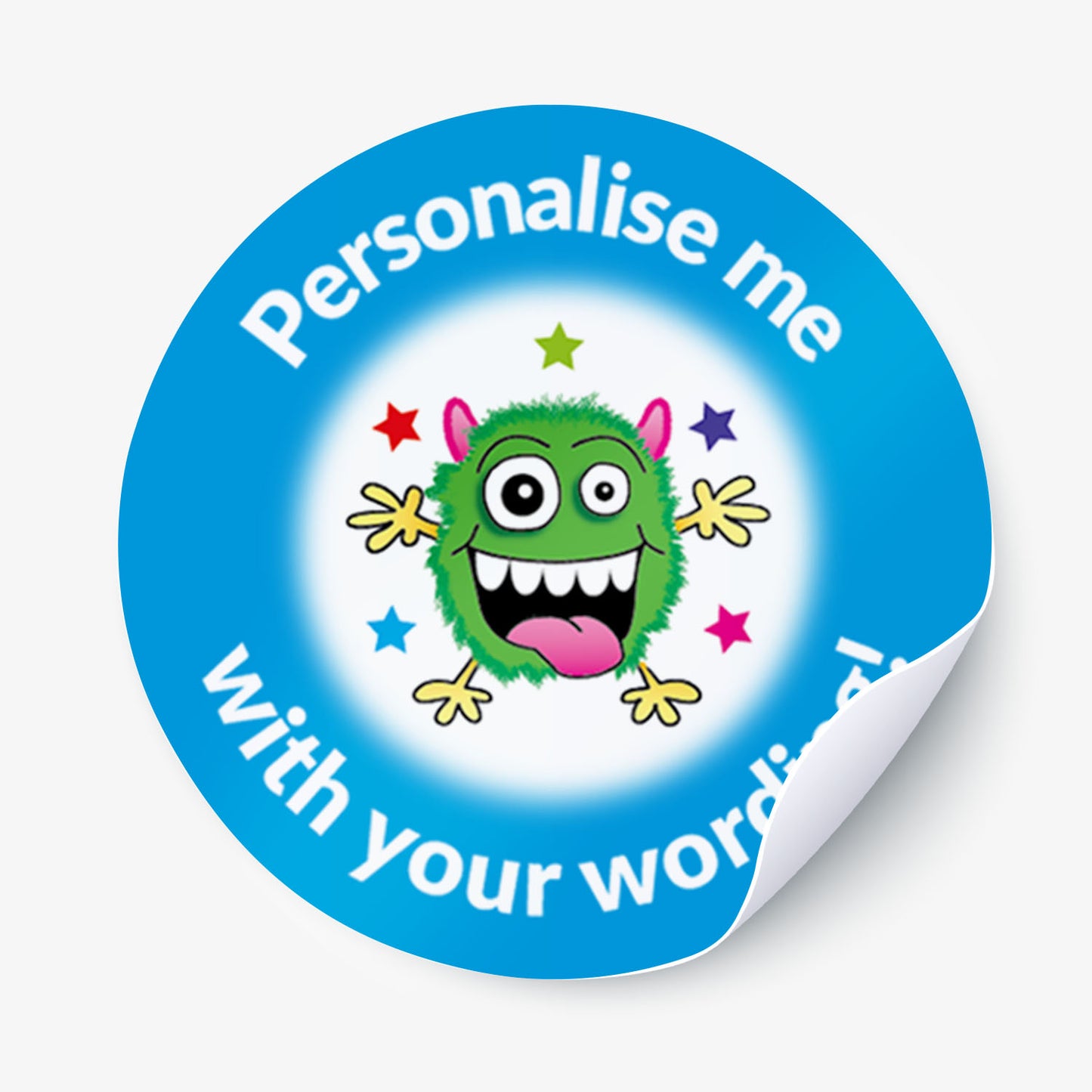 Circular sticker with a colorful monster graphic and text on a white background