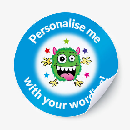 Circular sticker with a colorful monster graphic and text on a white background