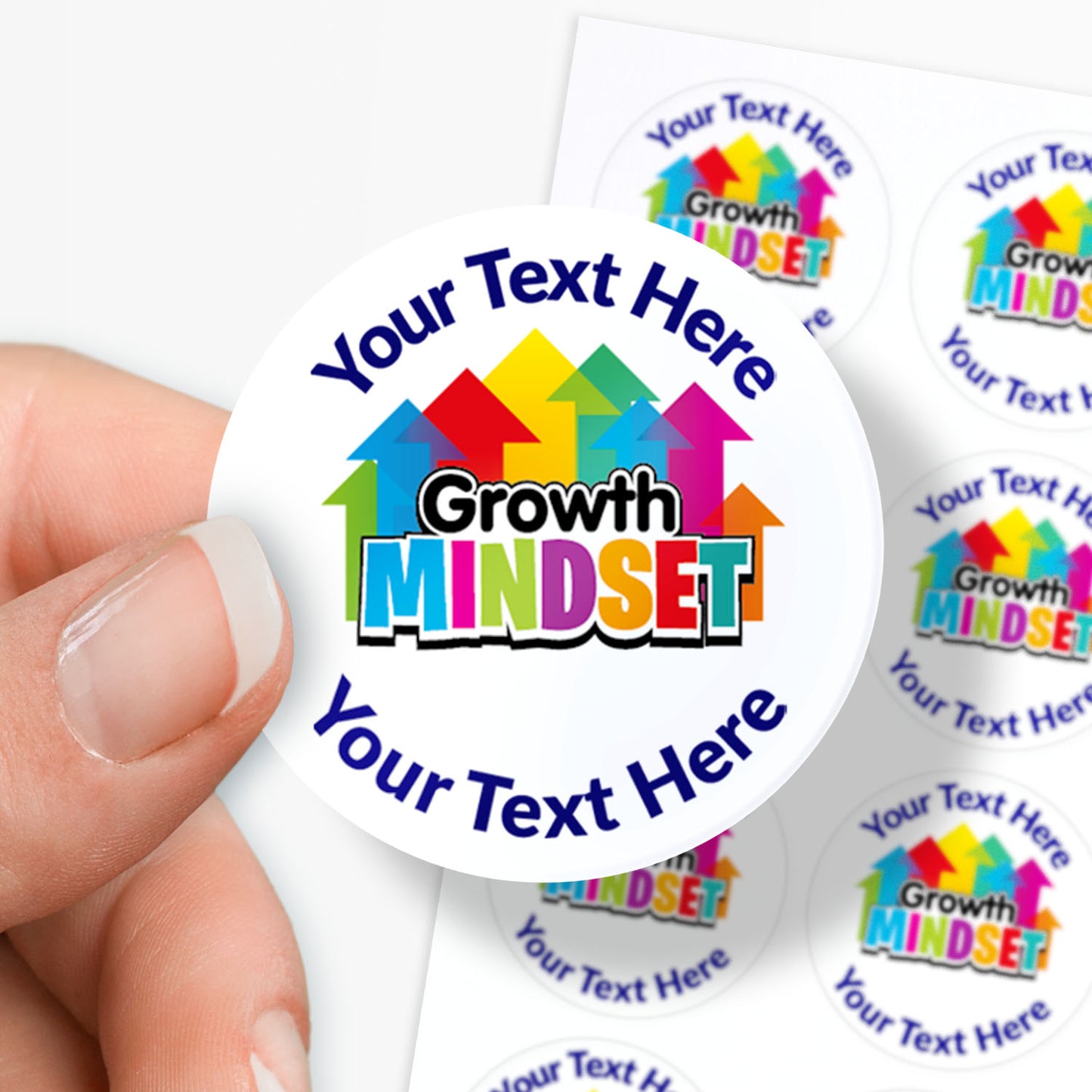 Personalizable 'Growth Mindset' sticker held by a hand with multiple stickers in the background.