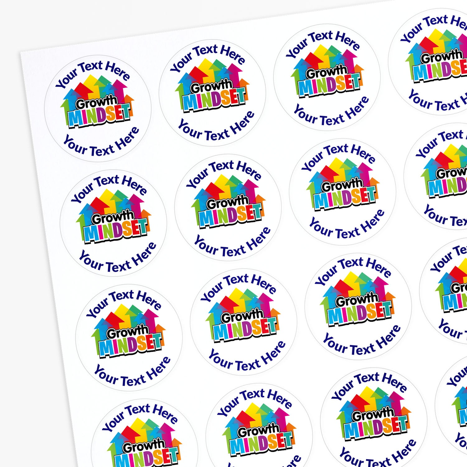 Sheet of customizable stickers with 'Growth Mindset' design on a white background