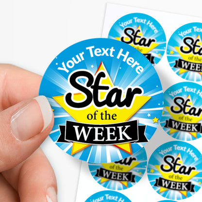 Personalisable 'Star of the Week' stickers held by a hand with a white background.