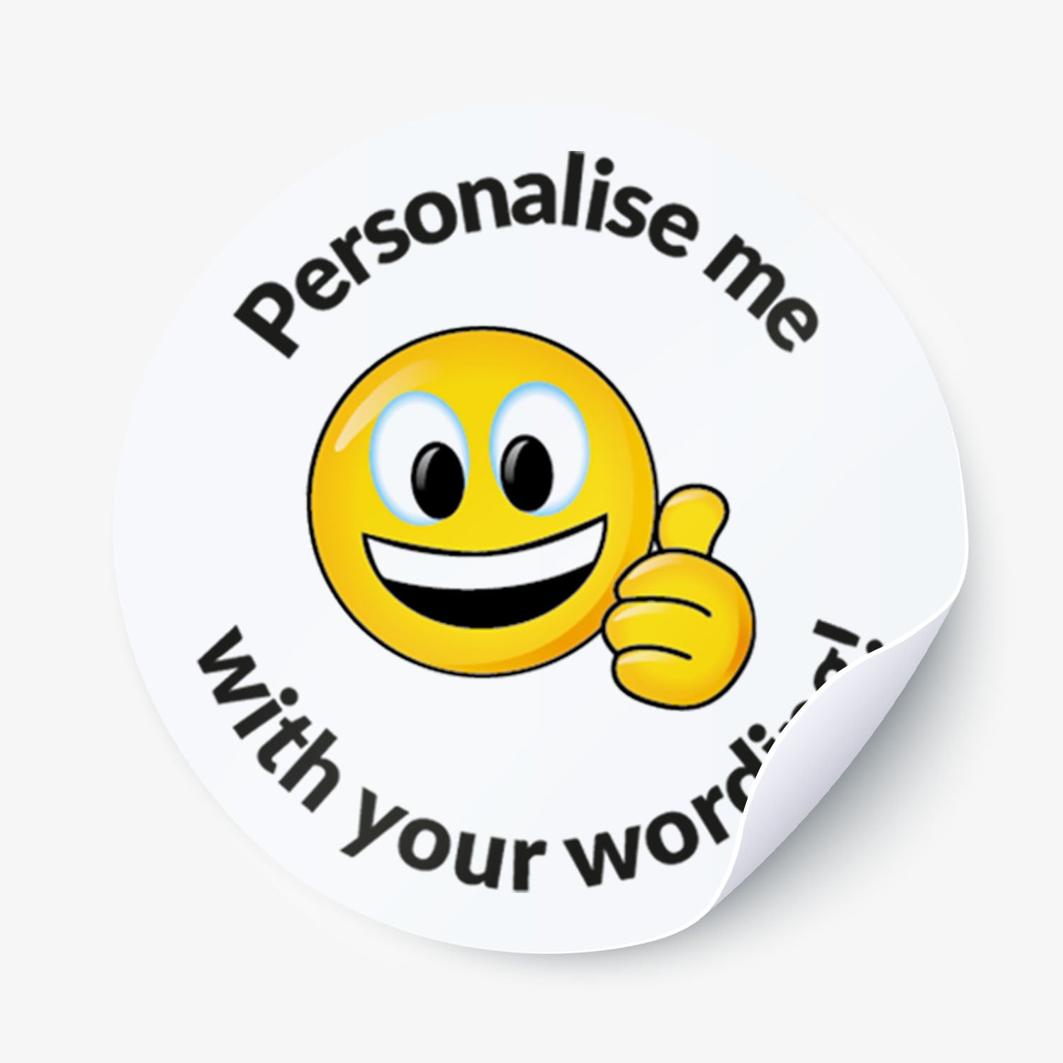 Emoticon sticker with text 'Personalise me with your word' on a white background