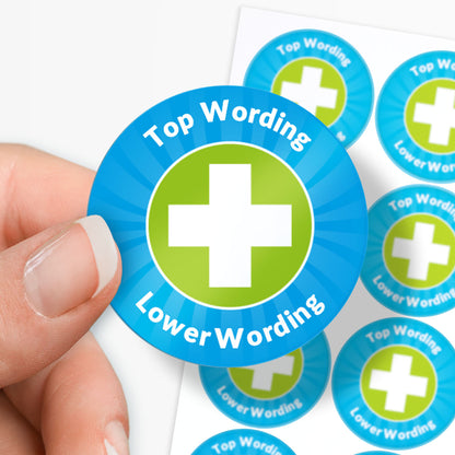 Circular stickers with a cross symbol and text on a white background