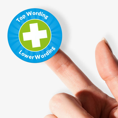 Blue stickers with a white cross on a green background as the central image.  Space for personalisation above and below the image.