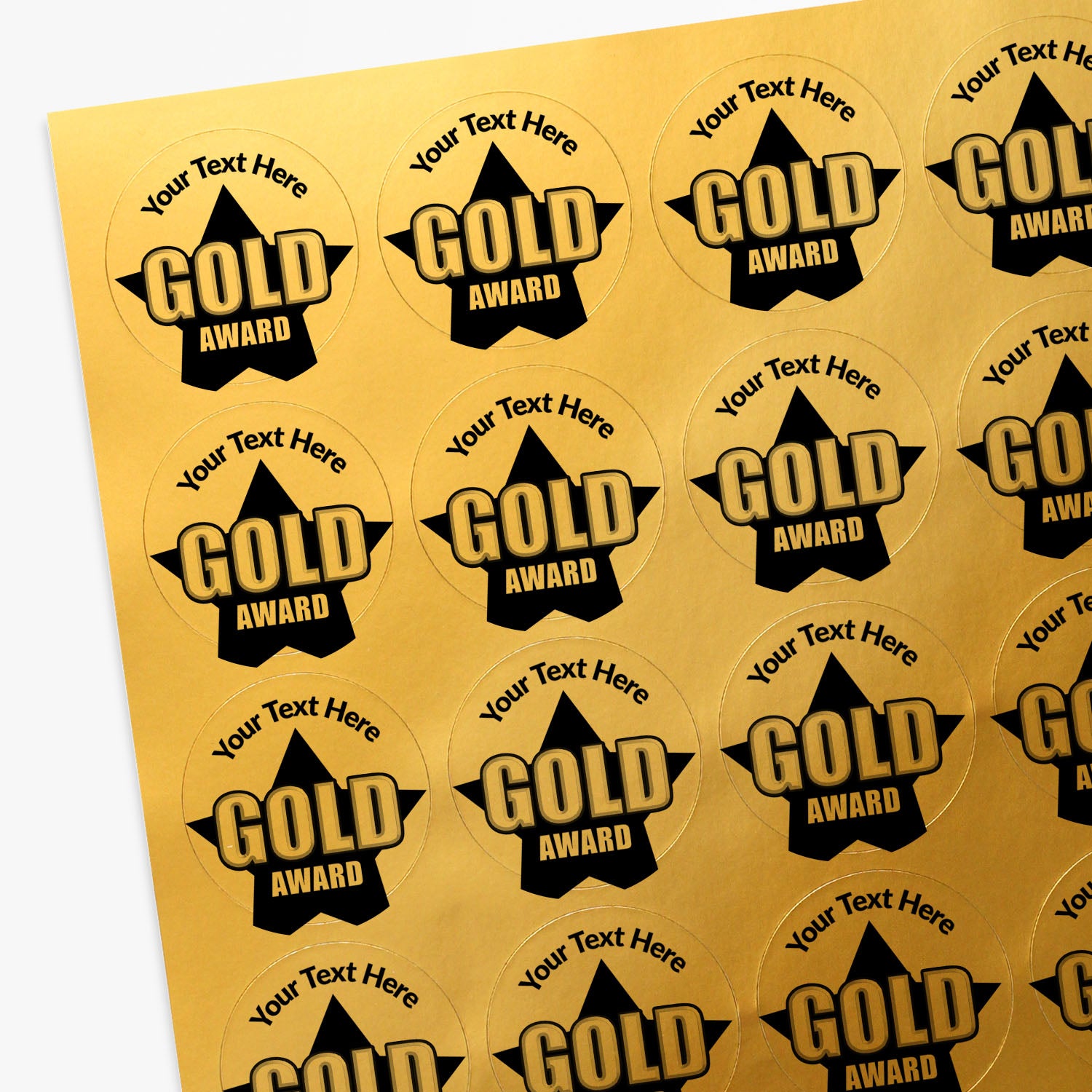 Sheet of round 'Gold Award' stickers with customisable text on a gold background.