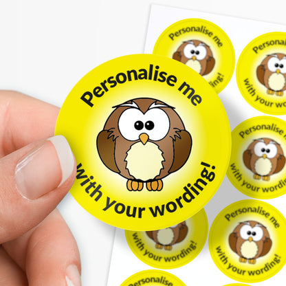 Yellow stickers with an owl as the central image.  Space for personalisation above and below the image.