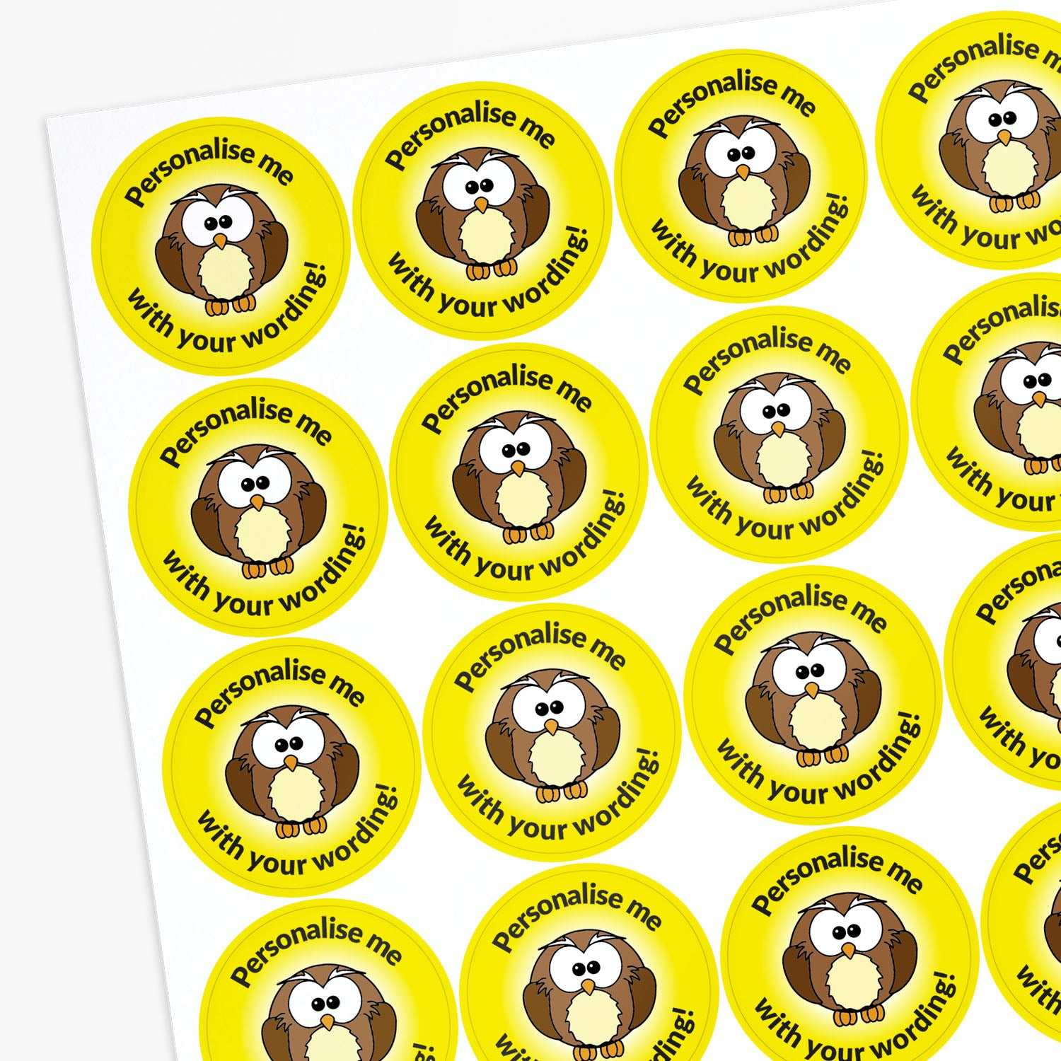 Yellow stickers with an owl as the central image.  Space for personalisation above and below the image.