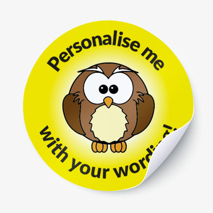 Round yellow sticker with an owl graphic and text 'Personalise me with your words' on a white background.