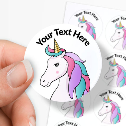 White stickers with a unicorn image.  Space for personalisation above the image.