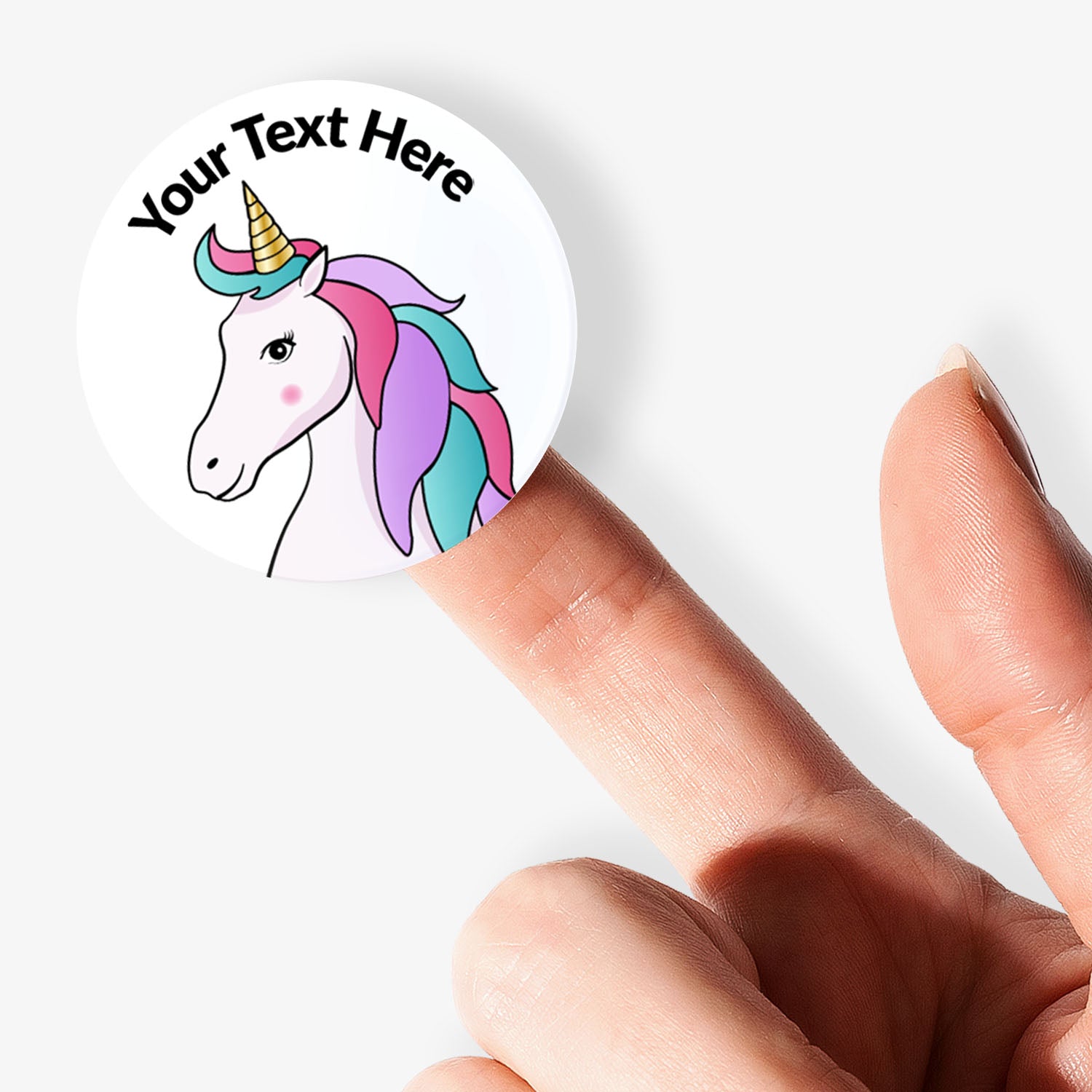 White sticker with a unicorn image.  Space for personalisation above the image.
