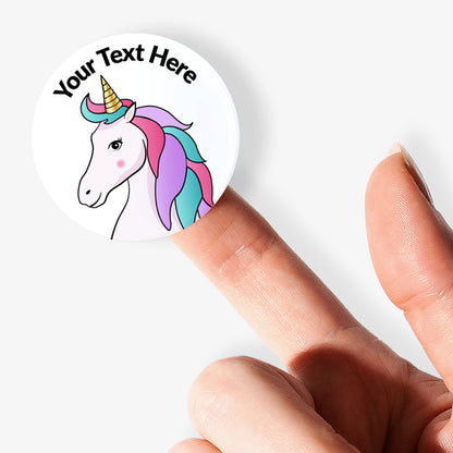 White sticker with a unicorn image.  Space for personalisation above the image.