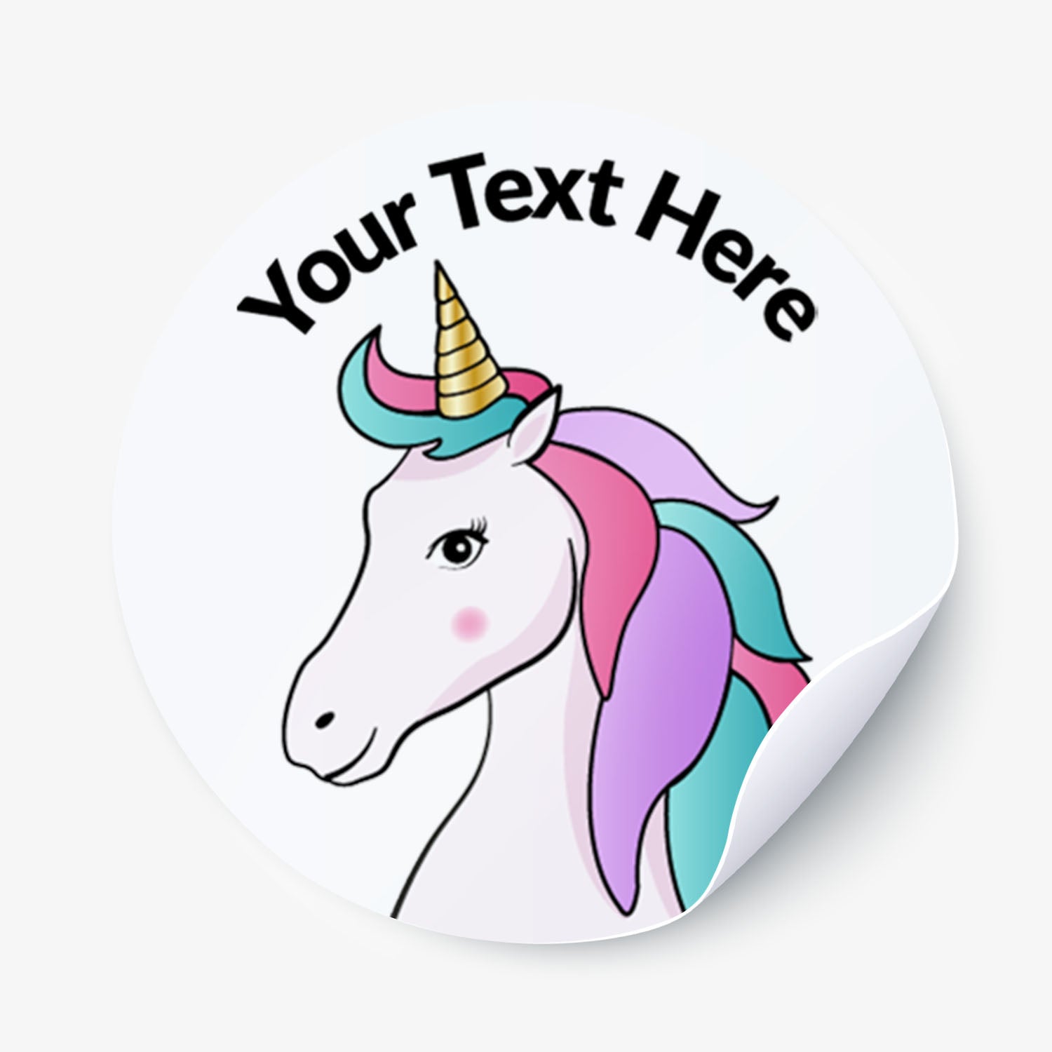 White sticker with a unicorn image.  Space for personalisation above the image.
