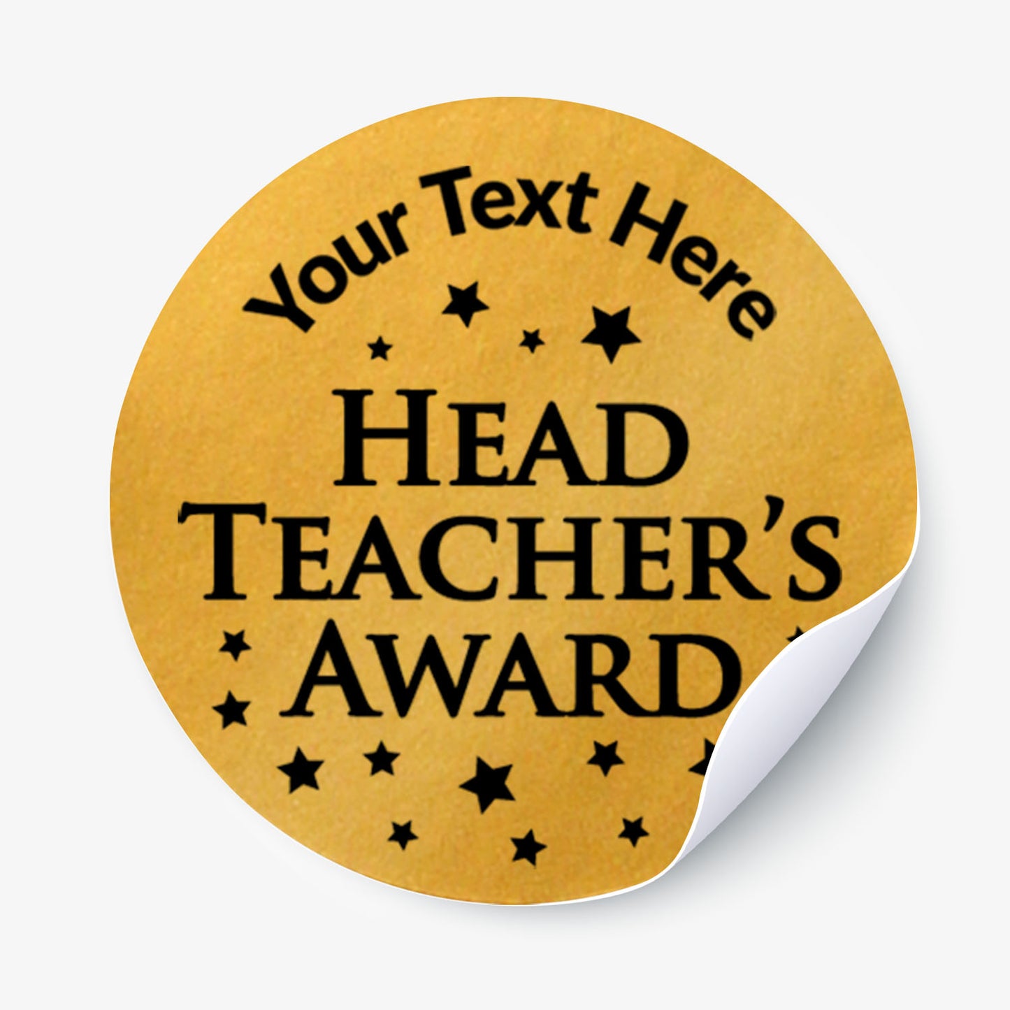 Personalizable 'Head Teacher's Award' sticker with customizable text on a gold background.