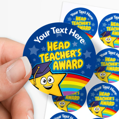 Blue circular sticker with a Star in a cap and text held between finger and thumb