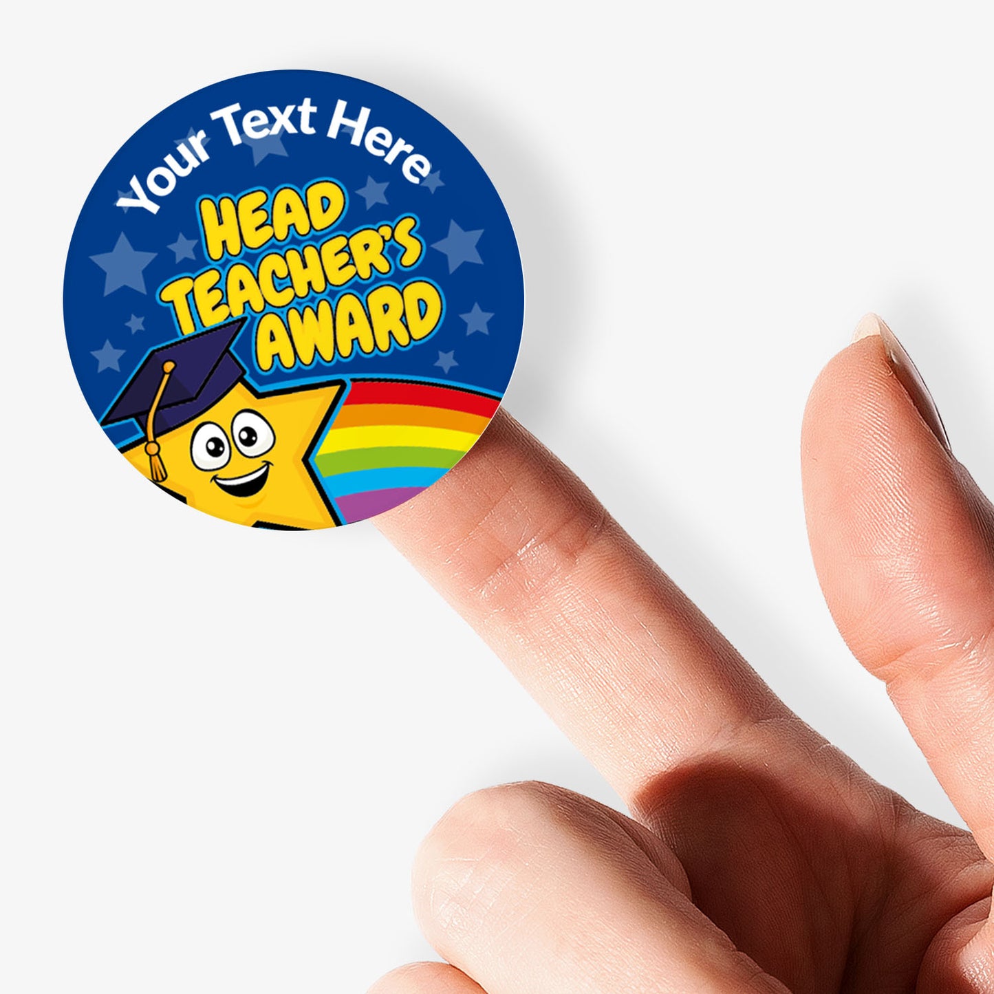 Blue circular sticker with a Star in a cap and text held by finger
