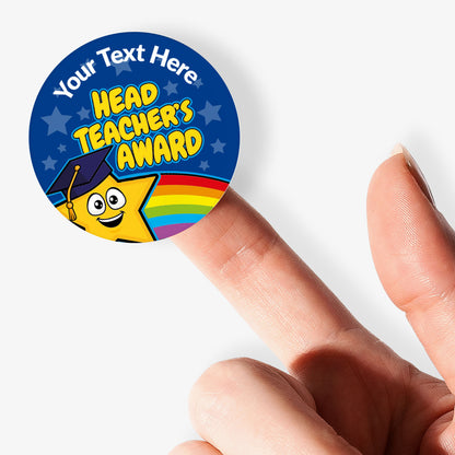 Blue circular sticker with a Star in a cap and text held by finger