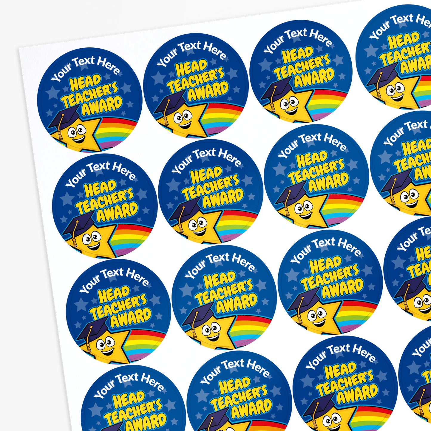 Sheet of blue circular sticker with a Star in a cap and text