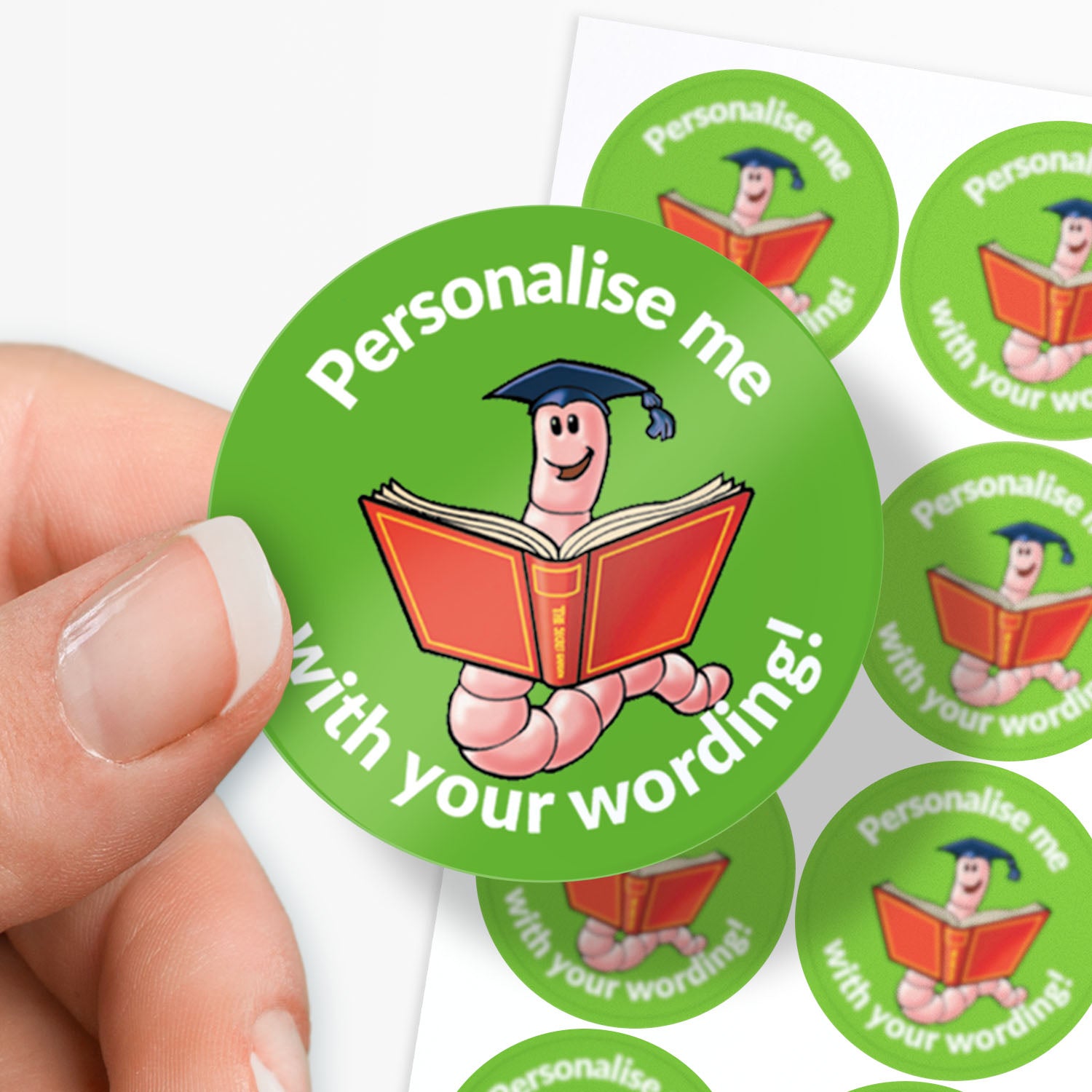 Green stickers with a bookworm as the central image.  Space for personalisation above and below the image.