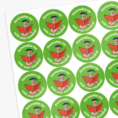 Green stickers with a bookworm as the central image.  Space for personalisation above and below the image.