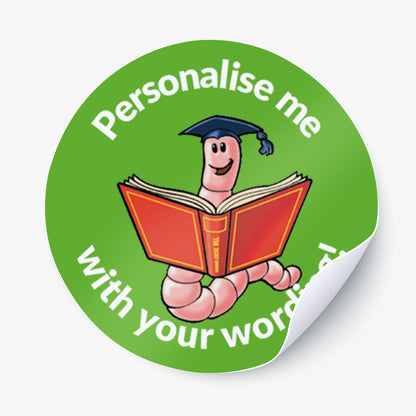 Green sticker with a bookworm as the central image.  Space for personalisation above and below the image.