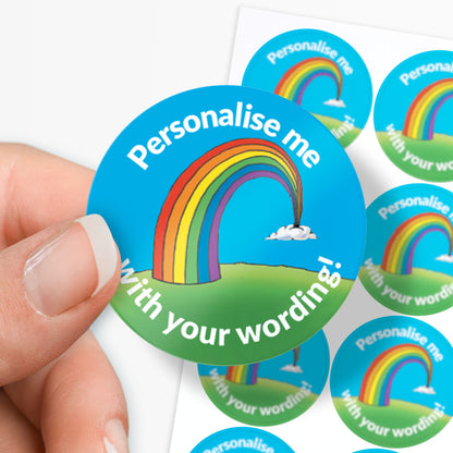 Turquoise stickers with a rainbow as the central image.  Space for personalisation above and below the image.