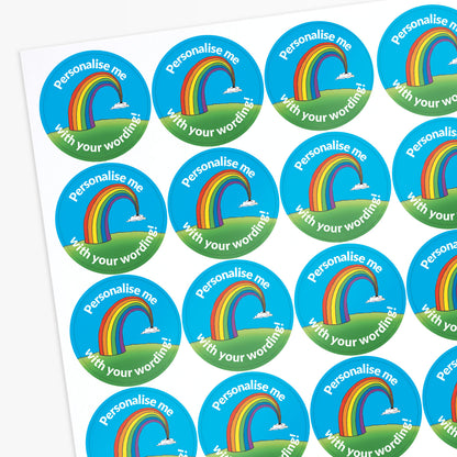 Turquoise stickers with a rainbow as the central image.  Space for personalisation above and below the image.