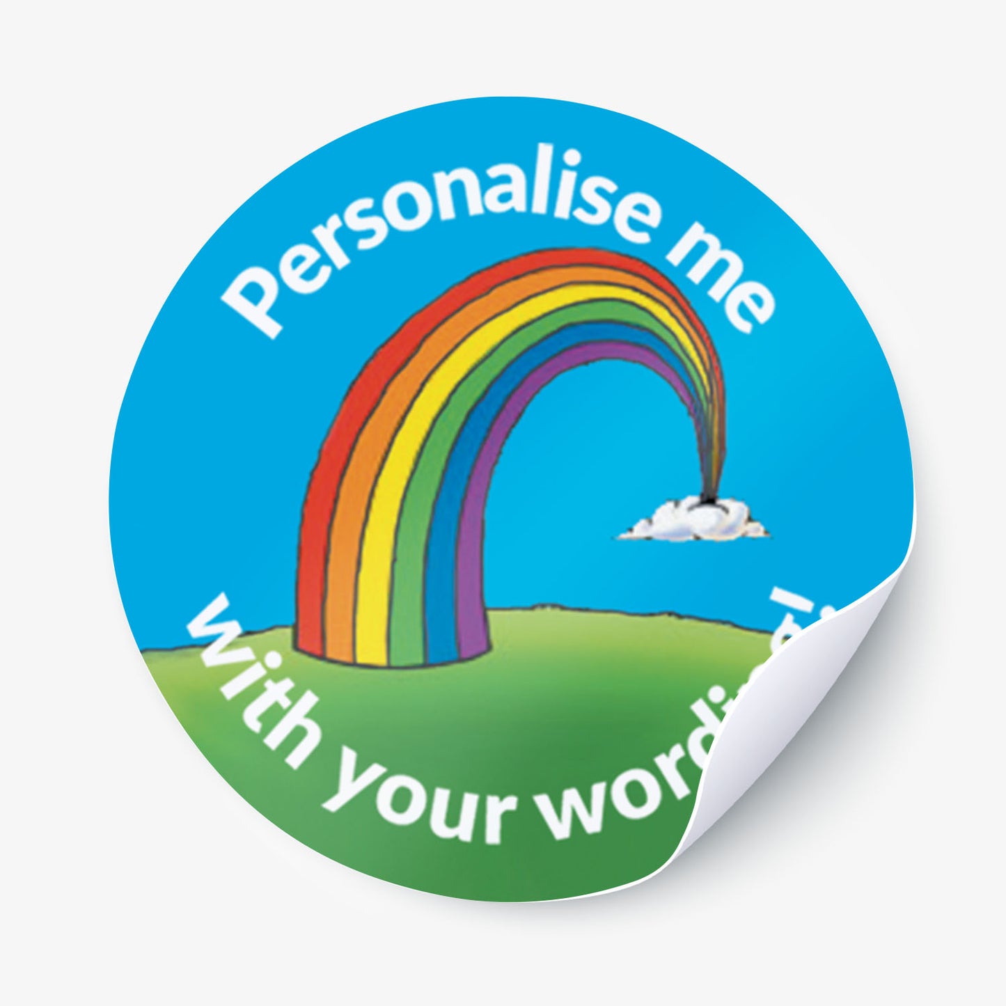 Turquoise sticker with a rainbow as the central image.  Space for personalisation above and below the image.