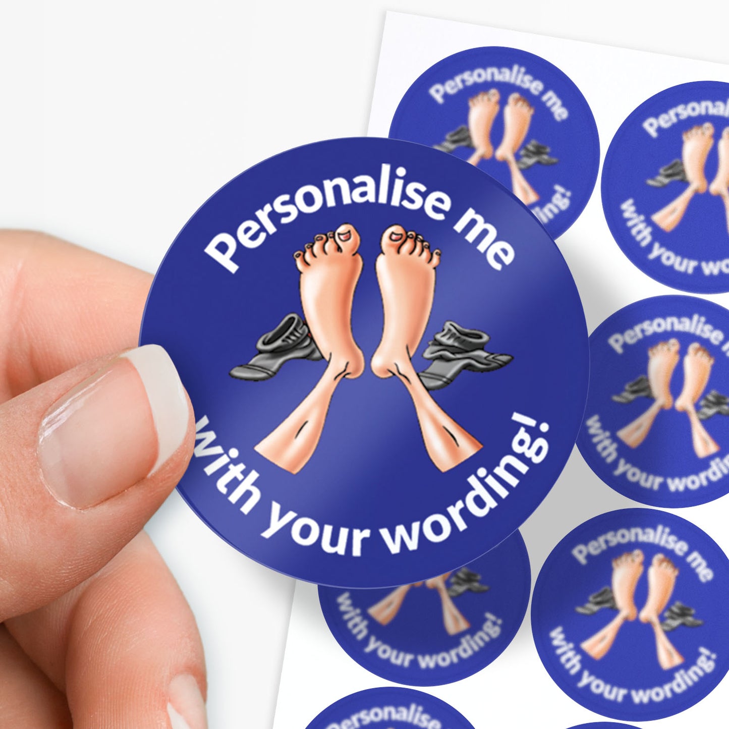 Blue stickers with a 2 feet with socks to the side as the central image.  Space for personalisation above and below the image.