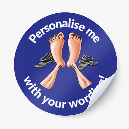 Blue sticker with a 2 feet with socks to the side as the central image.  Space for personalisation above and below the image.
