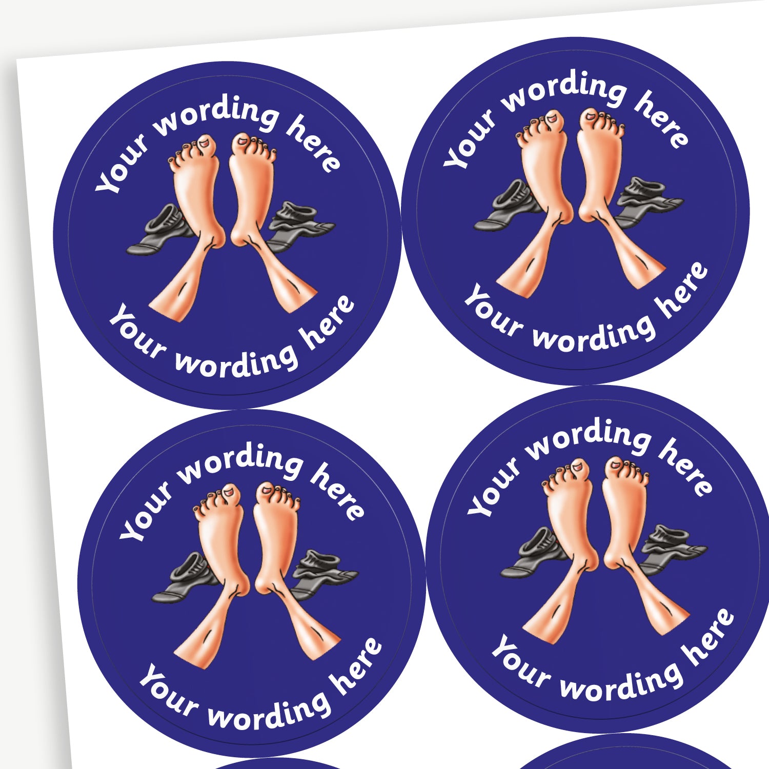 A sheet of customisable circular stickers featuring a pair of feet with their socks off against a blue background; includes customisable text above and below the feet.