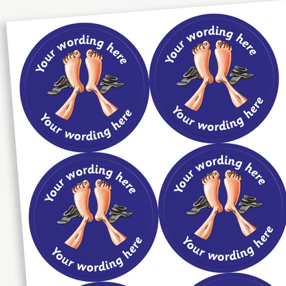 A sheet of customisable circular stickers featuring a pair of feet with their socks off against a blue background; includes customisable text above and below the feet.