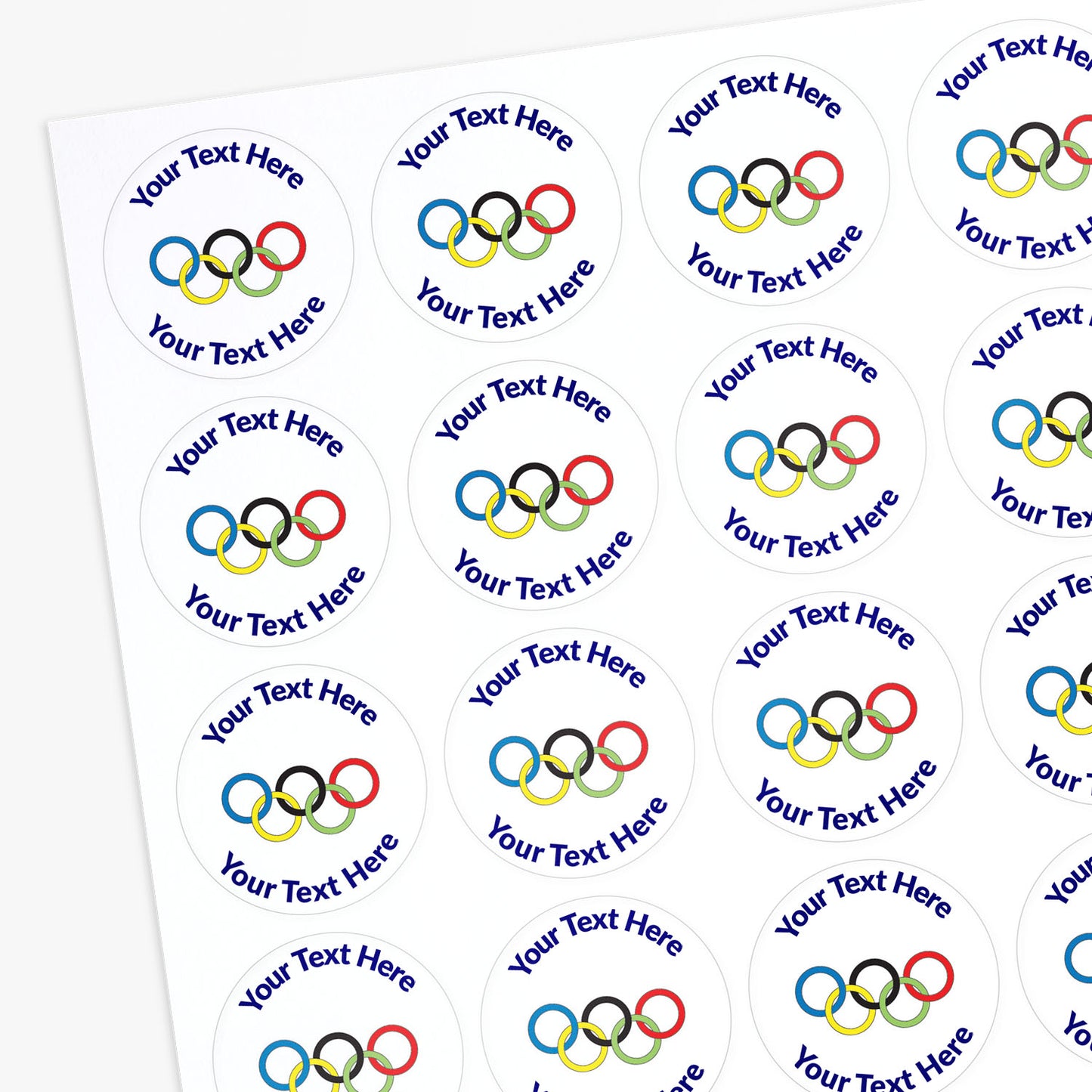 White stickers with Olympic rings as a central image.  Space for personalisation above and below the image.