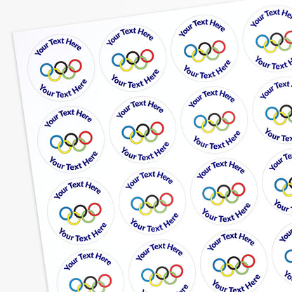 White stickers with Olympic rings as a central image.  Space for personalisation above and below the image.
