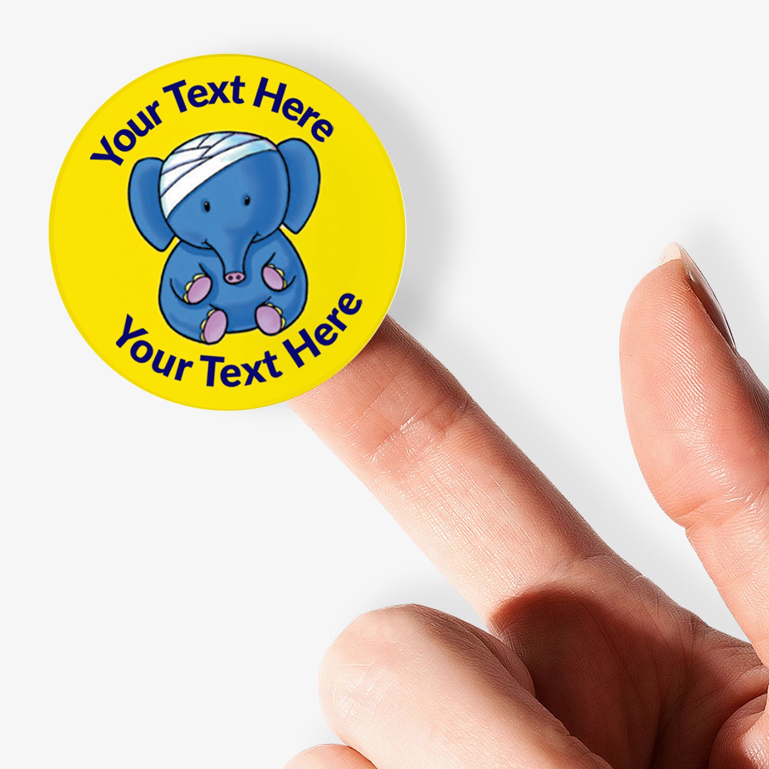 Yellow sticker on a finger with an elephant with a bandage on it's head as a central image.  Space for personalisation above and below the image.