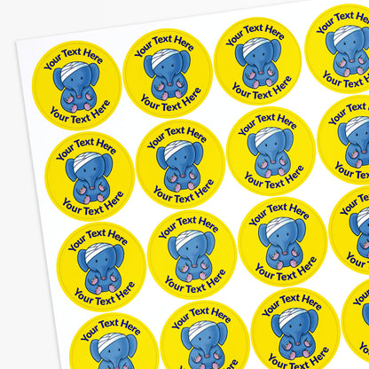 Yellow stickers with an elephant with a bandage on it's head as a central image.  Space for personalisation above and below the image.
