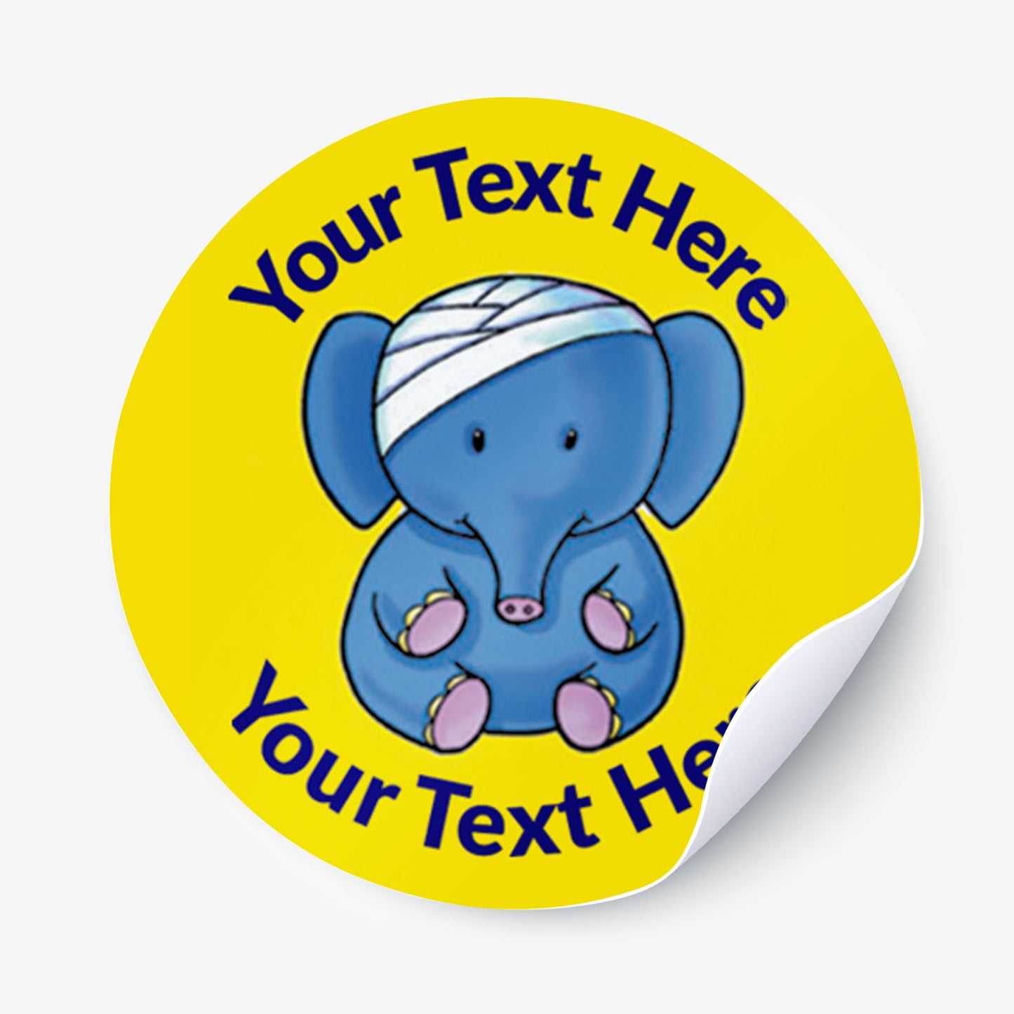 Yellow sticker with an elephant with a bandage on it's head as a central image.  Space for personalisation above and below the image.