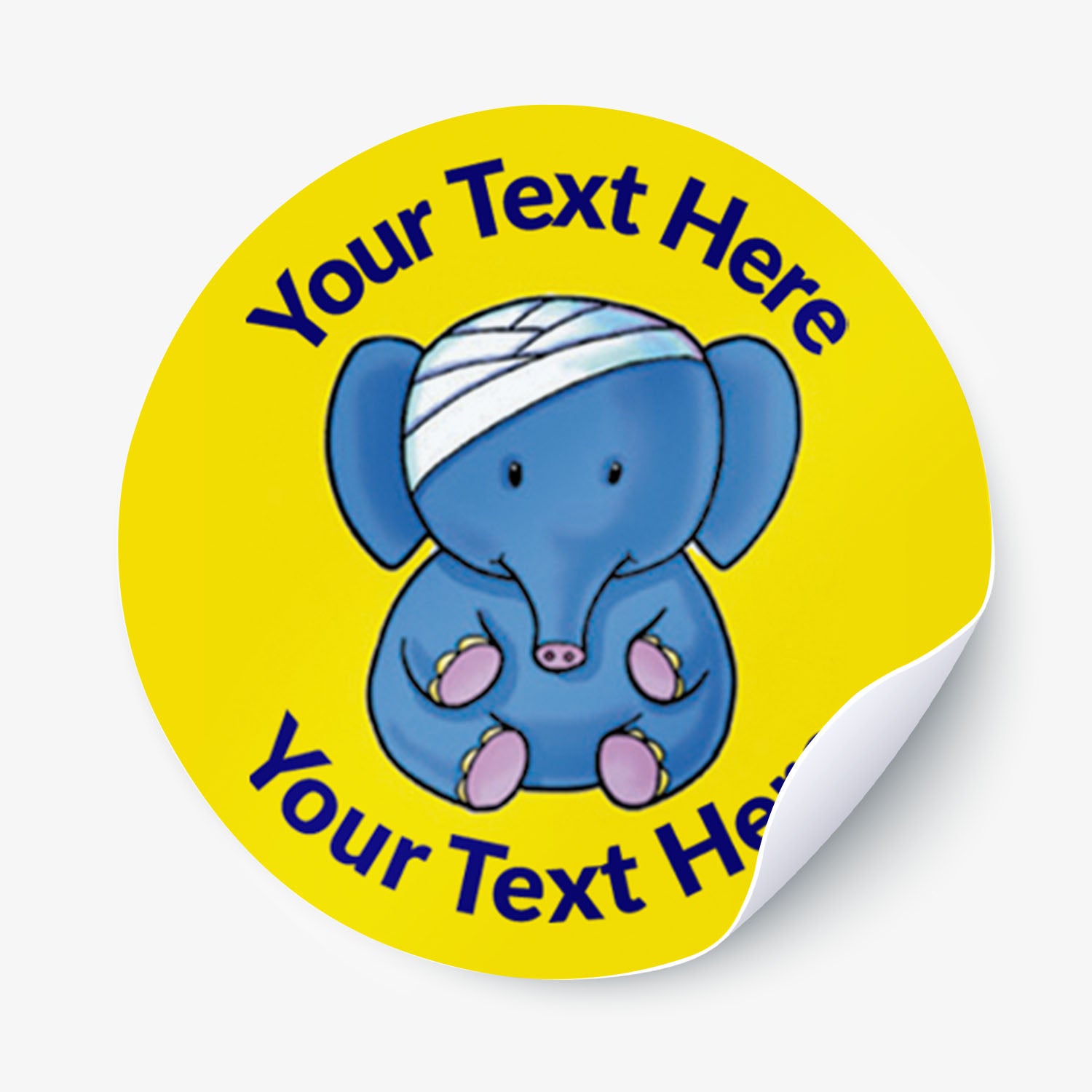 Yellow sticker with an elephant with a bandage on it's head as a central image.  Space for personalisation above and below the image.