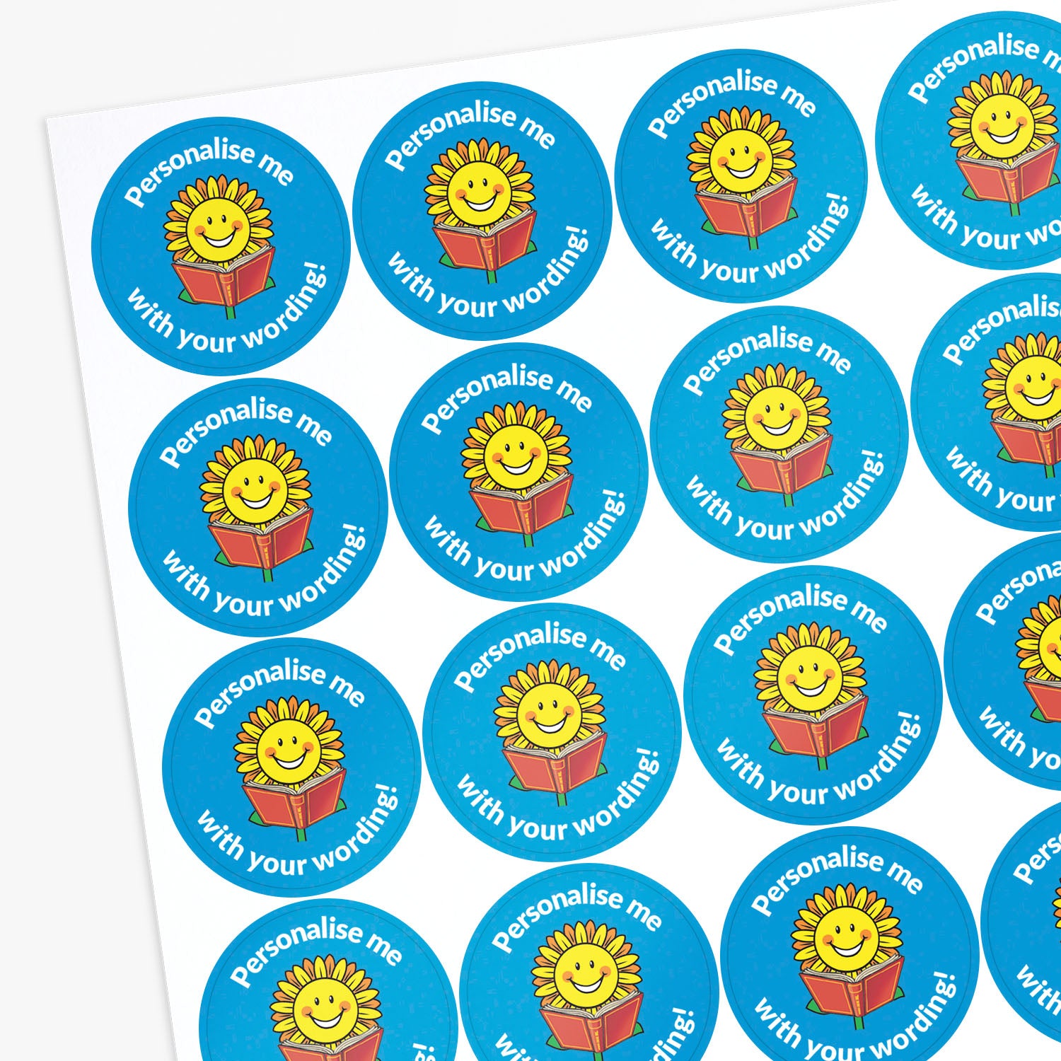 Blue stickers with a smiling sunflower reading a book as a central image.  Space for personalisation above and below the image.