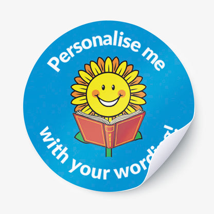 Blue sticker with a smiling sunflower reading a book as a central image.  Space for personalisation above and below the image.