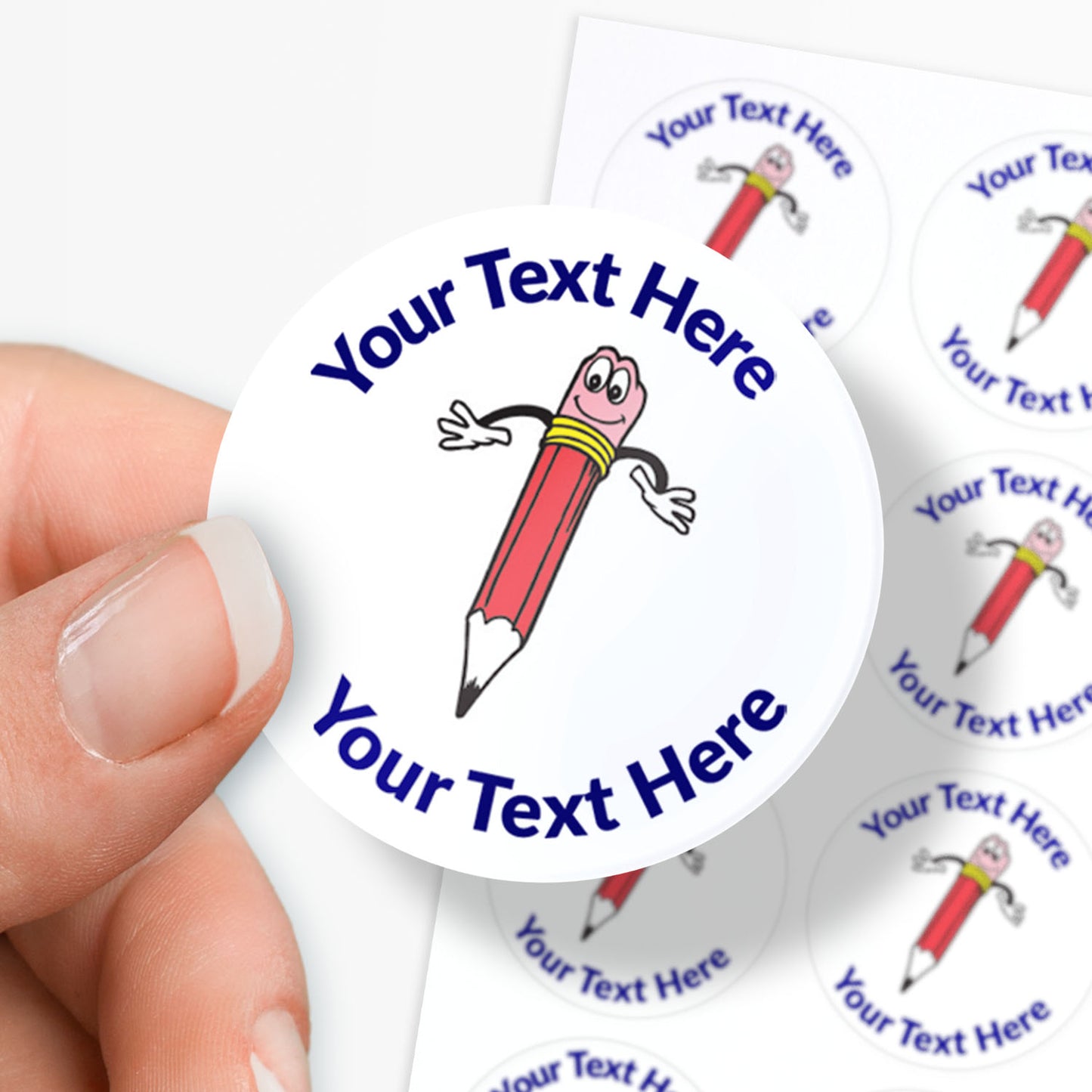 White stickers with a red smiling pencils as a central image.  Space for personalisation above and below the image.