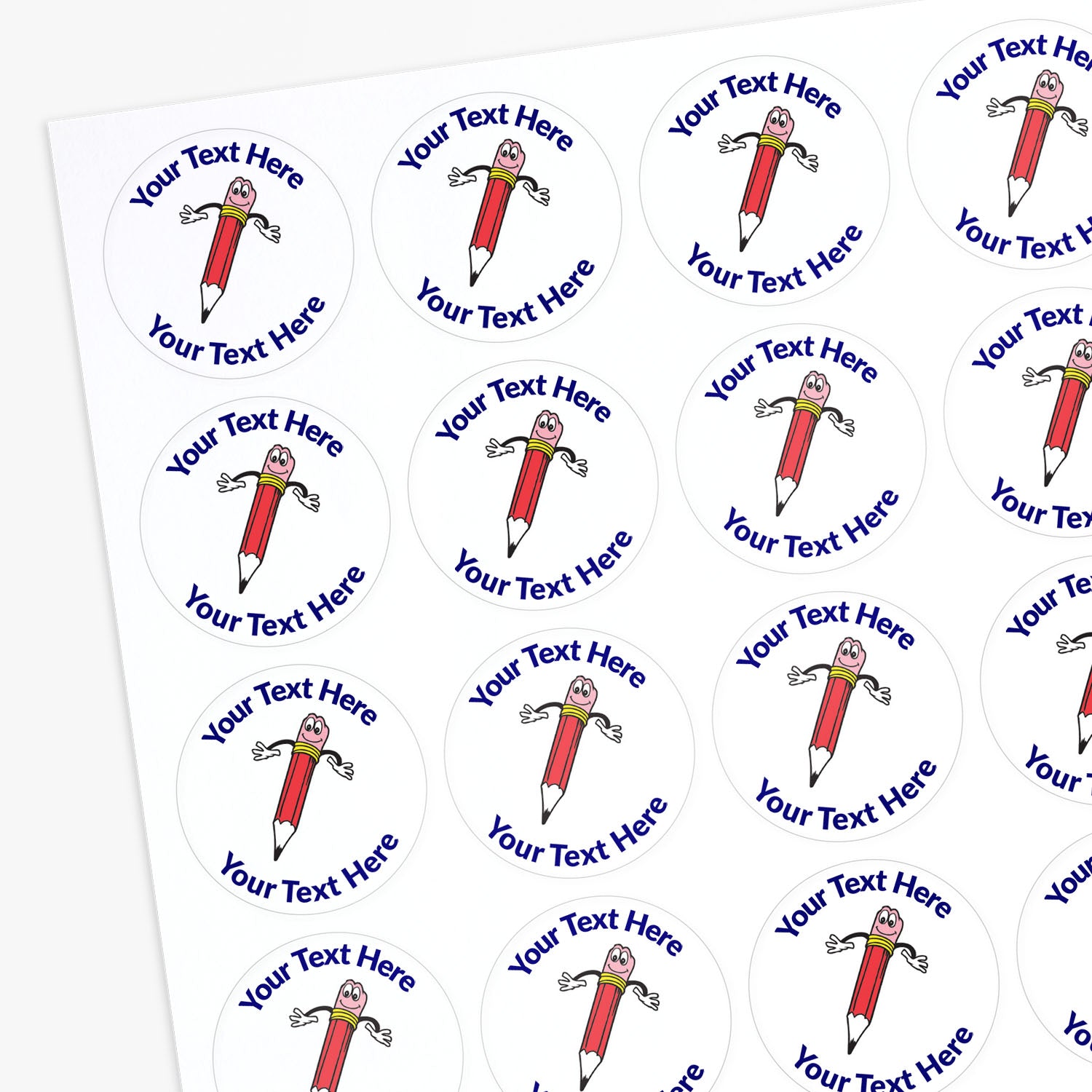 White stickers with a red smiling pencils as a central image.  Space for personalisation above and below the image.