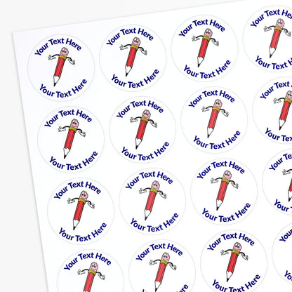 White stickers with a red smiling pencils as a central image.  Space for personalisation above and below the image.