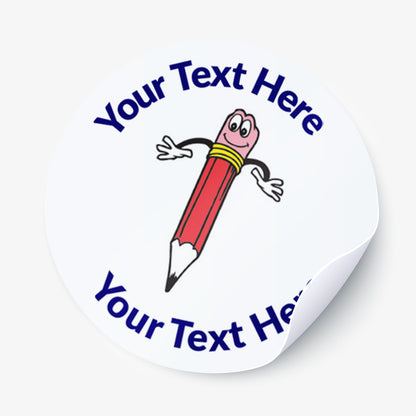 White sticker with a red smiling pencils as a central image.  Space for personalisation above and below the image.